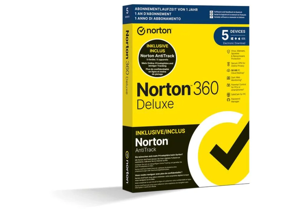 Norton 360 Deluxe + AntiTrack Bundle Box, 5 appareils, 1yr, 50GB Cloud