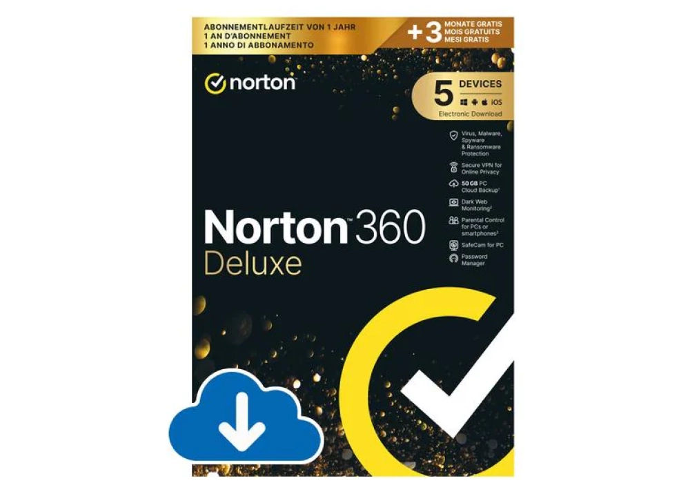 Norton 360 Deluxe GOLD Ed. ESD, 5 Dispositif, 1 an + 3 mois