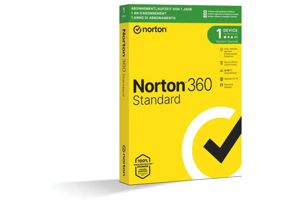 Norton 360 Standard Boîte, 1 appareil, 1 an, 10 GB de stockage en nuage