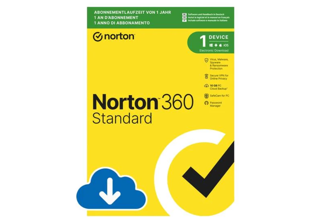 Norton 360 Standard ESD, 1 appareil, 1 an, 10 GB de stockage en nuage