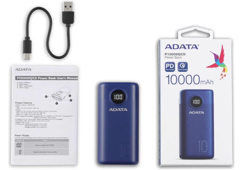 ADATA Power Pack P10000QCD - 10000 mAh (Bleu)