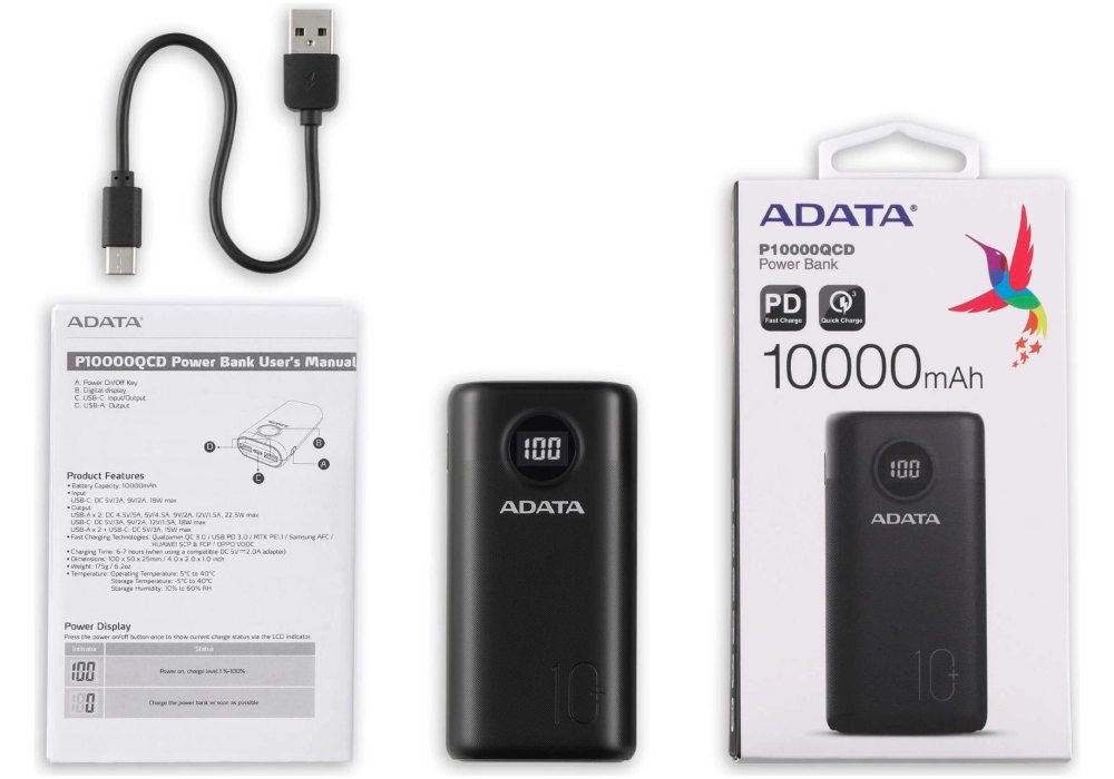 ADATA Power Pack P10000QCD - 10000 mAh (Noir)