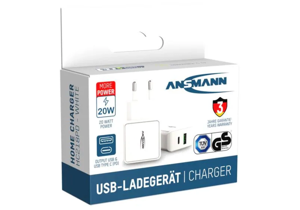 Ansmann Home Charger HC218PD, 18 W, blanc