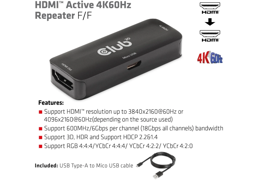 Club 3D Active HDMI 4K60Hz Repeater B/B CAC-1307