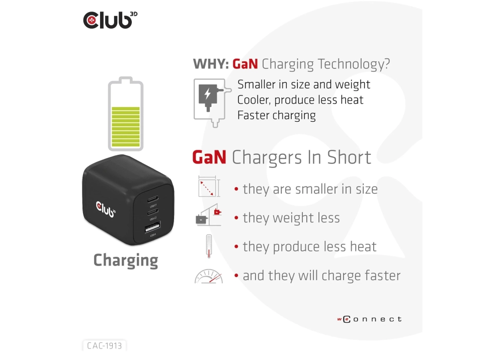 Club 3D Chargeur mural USB PPS 65W Technologie GAN CAC-1913