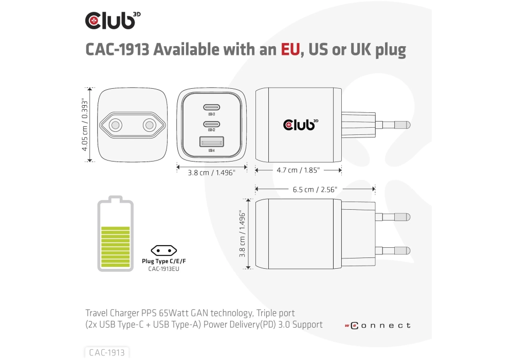 Club 3D Chargeur mural USB PPS 65W Technologie GAN CAC-1913