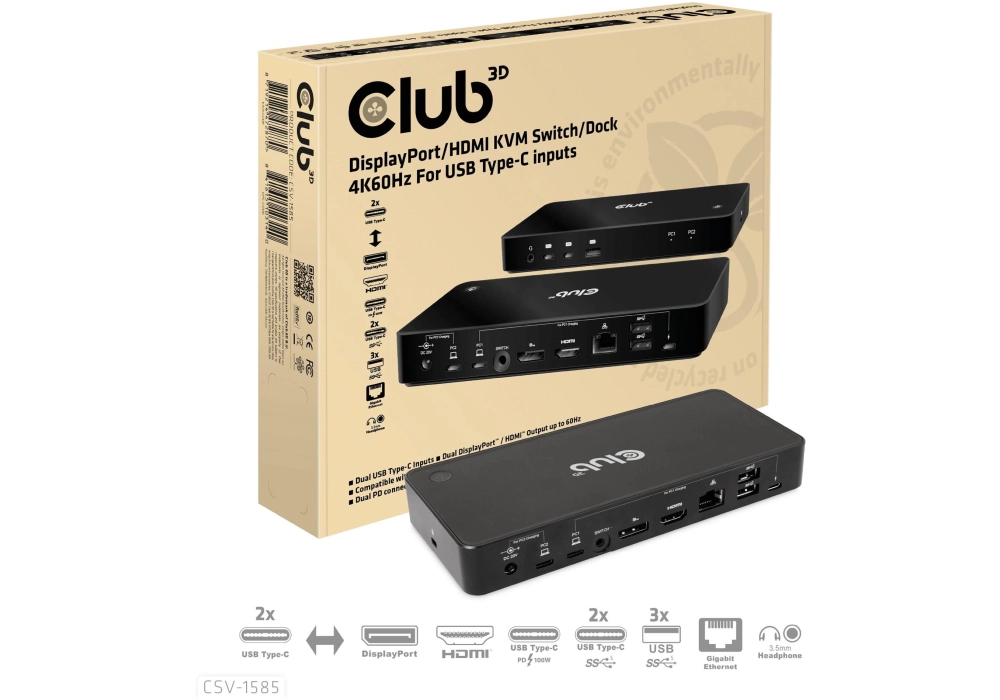Club 3D Station d'accueil CSV-1585 DisplayPort/HDMI KVM