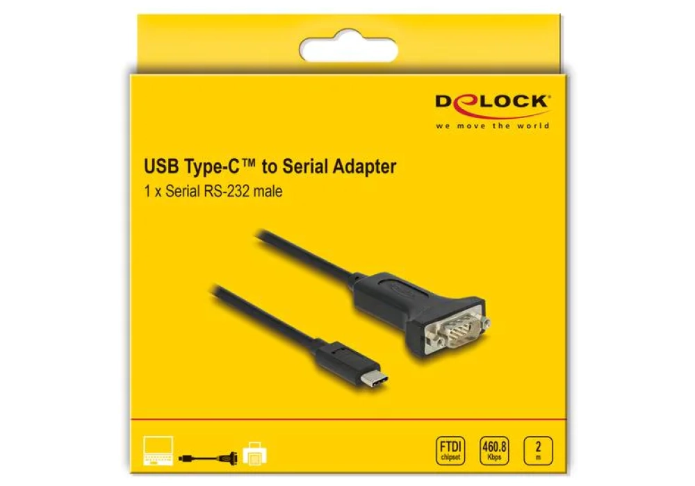 Delock Adaptateur sériel USB-C – RS-232 D-Sub 9 broches avec écrous - 2.0 m