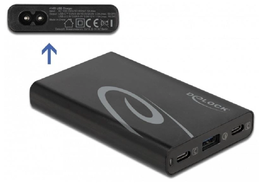DeLOCK Chargeur 2 x USB Type-C PD 3.0 + 1 x USB Type-A avec 60 W