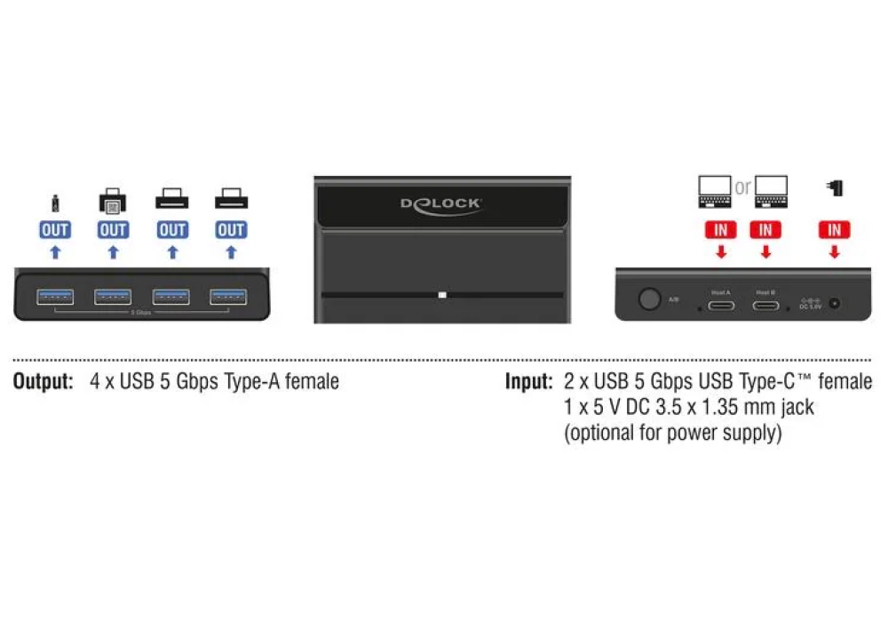 Delock Commutateur USB 4x appareil et 2x hôte 5 Gbps
