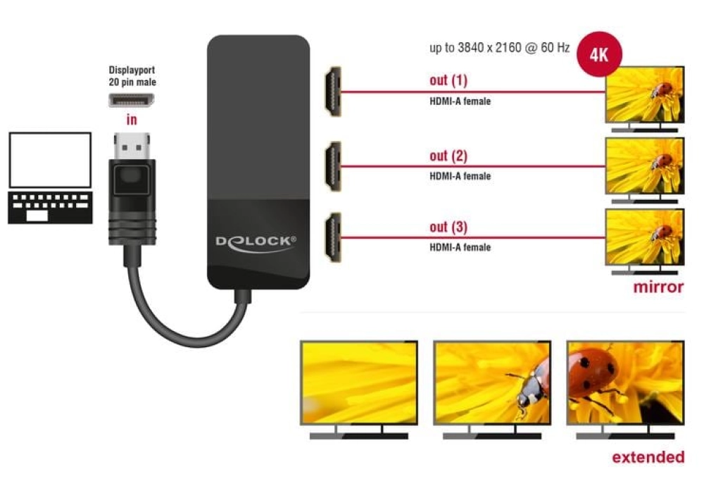 DeLOCK Diviseur de signaux à 3 ports DisplayPort - 3xHDMI, 4K, MST support