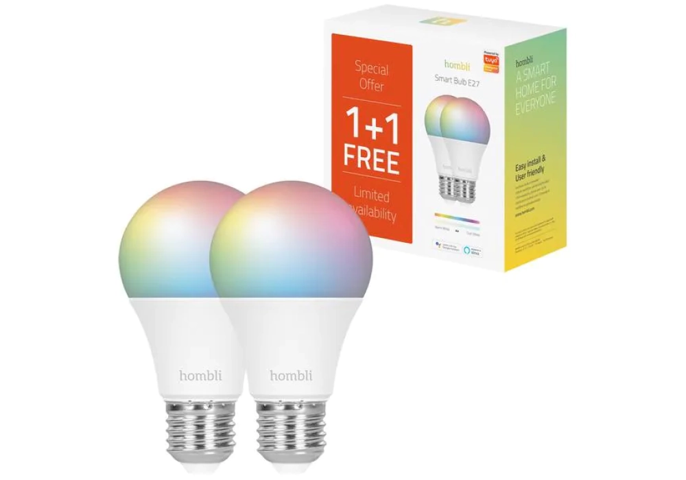 hombli Ampoule Bulbe intelligent, E27, 9W, RGB + CCT, 1+1 pack