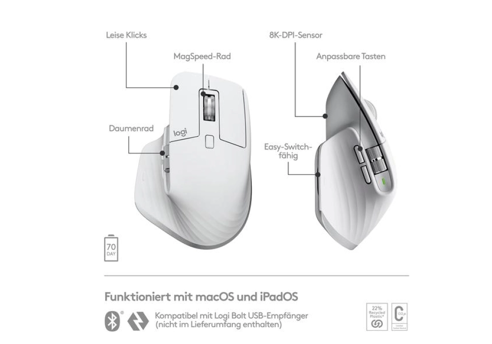 Souris ergonomique sans fil Bluetooth Logitech MX Master 3S pour Mac/Batterie  rechargeable/Jusquà 8000 DPI/Gris pâle