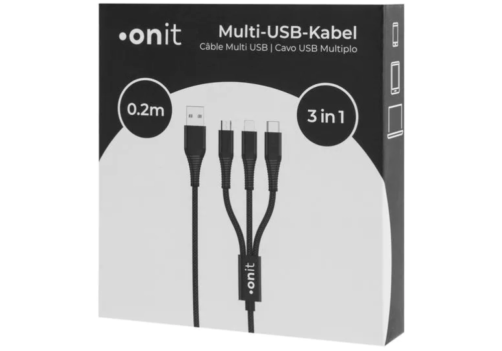 onit Câble chargeur USB USB A - Lightning/Micro-USB B/USB C 0.2 m