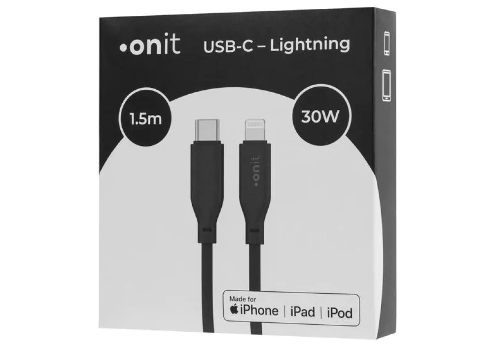 onit Câble USB 2.0 Silicone MFi USB C - Lightning 1.5 m, Noir